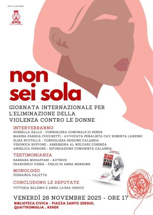 ''Non Sei Sola'': A Rende un Evento per la Giornata Internazionale Contro la Violenza sulle Donne